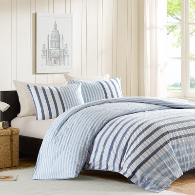 King Blue Seersucker Striped Cotton Comforter Set