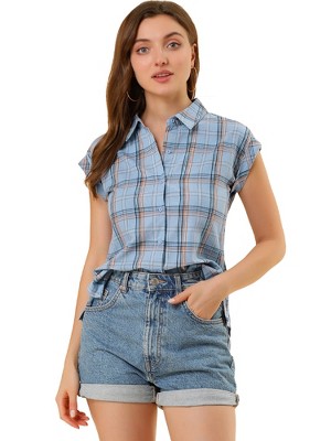 INSPIRE CHIC Women's Summer Plaid Short Sleeves Button Down Shirt