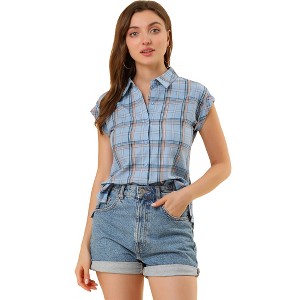 INSPIRE CHIC Women's Summer Plaid Short Sleeves Button Down Shirt - 1 of 4