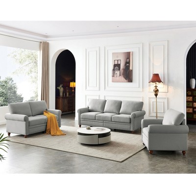 Linen Fabric 1+2+3 Seat Sofa Set with Storage, Round Arm, Brown Solid Wood Legs