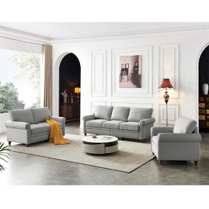 Linen Fabric 1+2+3 Seat Sofa Set with Storage, Round Arm, Brown Solid Wood Legs - 1 of 4
