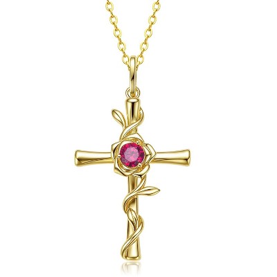Molenia Birthstone Cross Necklace for Women, Gold Plated Rose Flower Pendant 925 Silver Faith Christian Religious Jewelry Baptism Gift Christmas