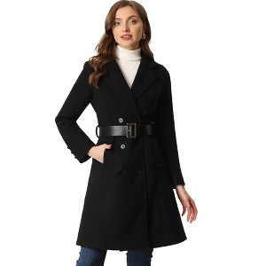 Allegra K Women's Lapel Collar Winter Belted Double Breasted Long Coat - 1 of 4