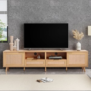 PAGED Rattan TV Stand with Variable Color Light Strip, Wooden TV Console with Adjustable Shelf and Metal Leg, TV Stands for Living Room - 1 of 4