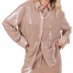 Women's Sequin Oversized Button Up Blouse - GEEGEE - 1 of 3