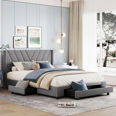 Streamdale Queen Size Storage Bed Linen Upholstered Platform Bed with 3 Drawers (Gray)