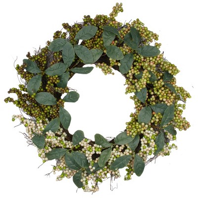 Northlight Berries and Leaves Twig Artificial Wreath, Green 24-Inch