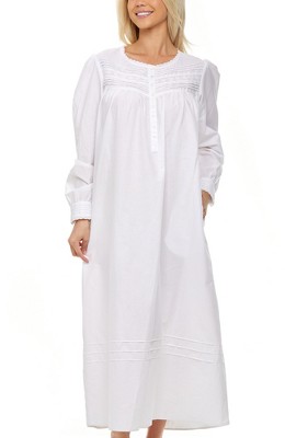 ADR Women's Cotton Victorian Nightgown, Amelia Short Sleeve Lace Trimmed  Button Up Long Night Dress White X Large