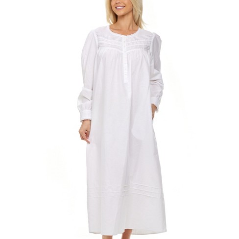 White Long Night Gown ANTIQUE With Linen Lace