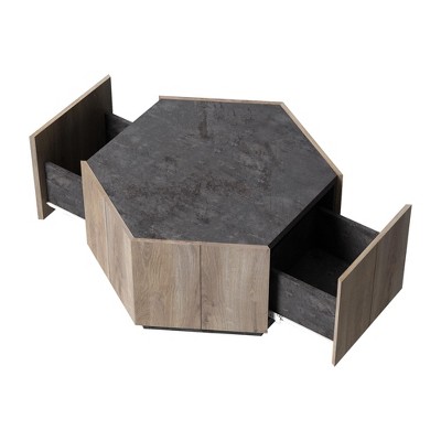 GustoWave 31.8'' x 27.56'' Hexagonal Retro Wood Coffee Table, Cocktail Table with 2 Drawers for Living Room, Textured Black Warm Oak