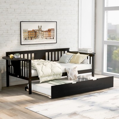 NicBex Twin Size Daybed Modern Wooden Bed Frame with Trundle, 2 Tables and Guardrails for Bedroom, Living Room, No Box Spring Required