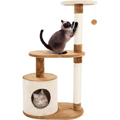 PETMAKER Cat Tree Condo 3 Tier with Condo and Scratching Posts, 37.5", Brown and Tan