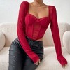 Women's Sheer MeshLace Long Sleeve Top Square Neck Fishbone Corset Bustier Shirt Cropped Blouse - 3 of 3