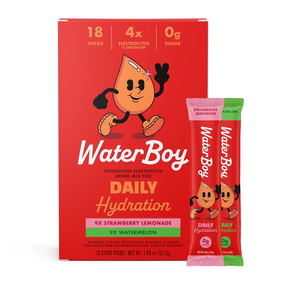 Waterboy Daily Hydration Sports Drink Variety Pack - Strawberry Lemonade + Watermelon: Vegan, Non-GMO, Non-Caffeinated Formula