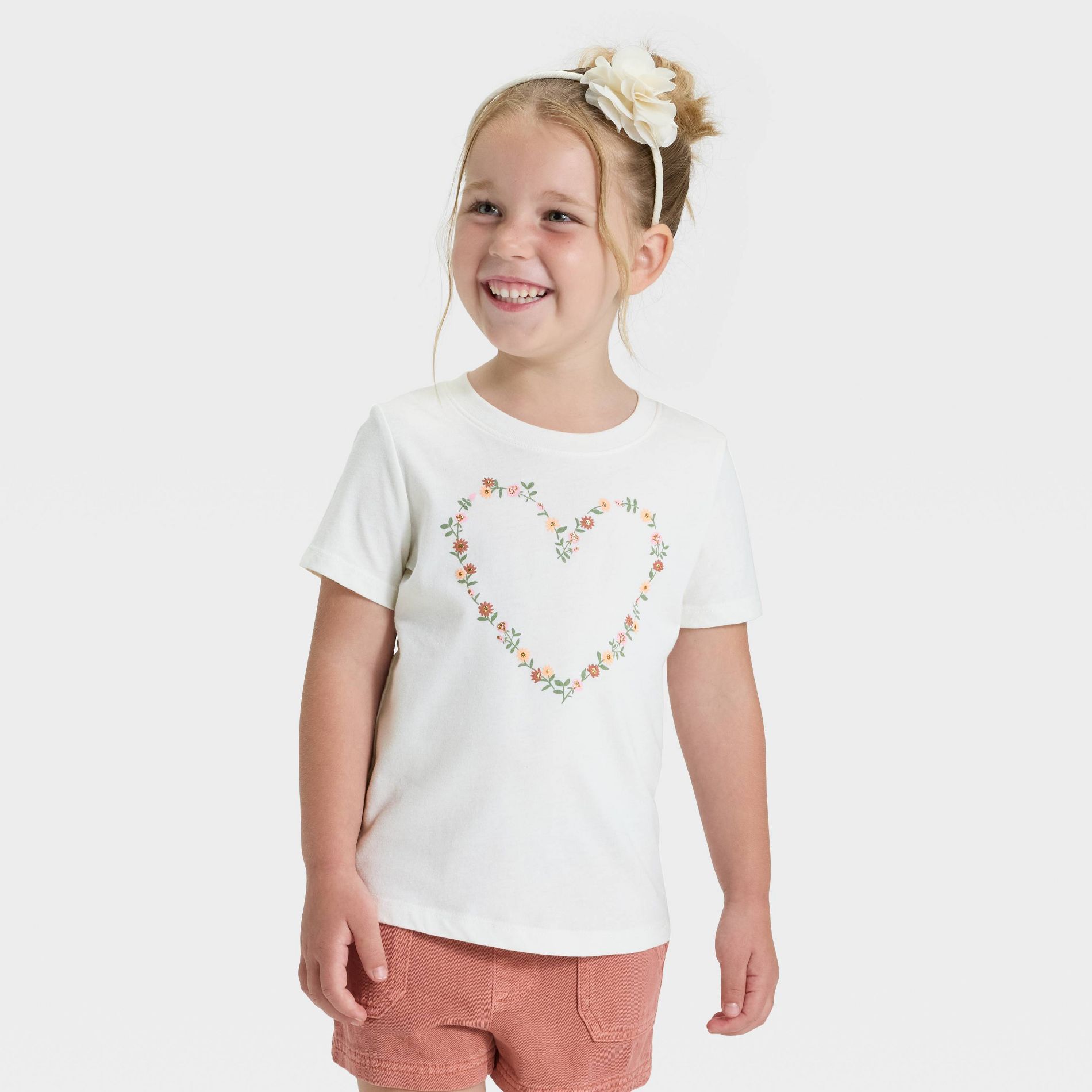 Toddler Girls' Short Sleeve Floral Heart Graphic T-Shirt - Cat & Jack™ Cream 3T