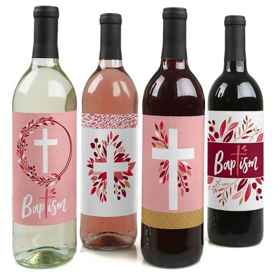 Big Dot of Happiness Baptism Pink Elegant Cross - Girl Religious Party Decorations for Women and Men - Wine Bottle Label Stickers - Set of 4