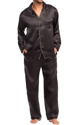 ADR Men s Classic Satin Pajamas Set with Pockets PJ and Sleep Mask Black with Gold Piping Large