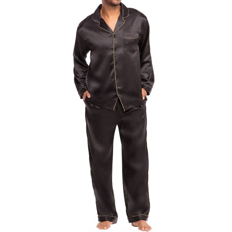 Men's Classic Satin Pajamas Lounge Set, Long Sleeve Top and Pants with Pockets, Silk like PJs with Matching Sleep Mask, 1 of 7