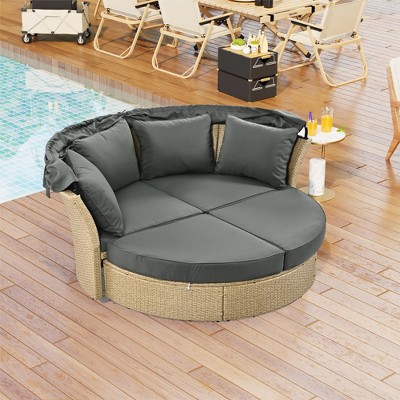 Oris 4-piece Rattan Outdoor Patio Daybed, Round Sofa with Retractable Canopy and 4 Pillows, Tanning Near Me - Maison Boucle