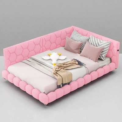 Full Size Upholstered Platform Bed with LED Lights, USB Ports, Teddy Fabric, No Box Spring Needed, White Modern Frame