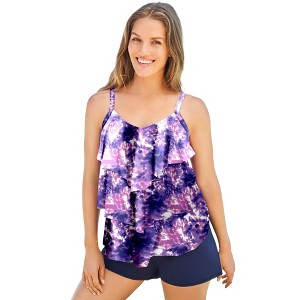 Swim 365 Women's Plus Size Longer-Length Tiered-Ruffle Tankini Top - 1 of 4