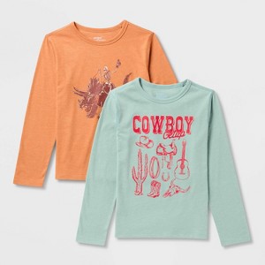 Kids' 2pk Adaptive Long Sleeve 'Dino/Cowboy' Graphic T-Shirt - Cat & Jack™ Brown/Ocean Green - 1 of 3