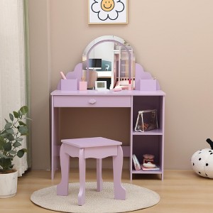 Kids Vanity with Lighted Mirror & Stool, Little Girls Vanity with Adjustable LED Light, Storage Drawer & Shelves for Girls 3-9 - 1 of 4