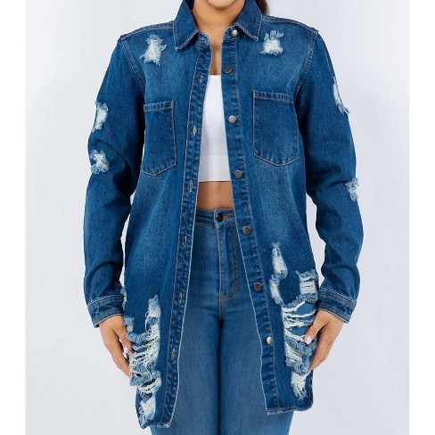 Women s Distressed Button Up Long Sleeve Denim Jacket American Bazi Target