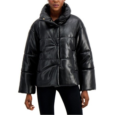 I-N-C Womens Faux Leather Puffer Jacket, Black, Large