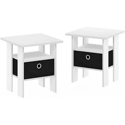 Compact White & Black End Table with Storage Bin and Shelf, Set of 2