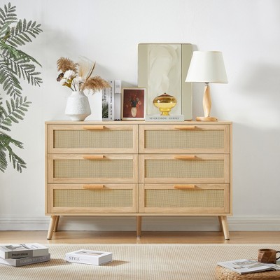 LOVSON Bedroom dresser, 6 Double Dresser with rattan drawers, wood chest of drawers for kids room, living room, entry and hallway