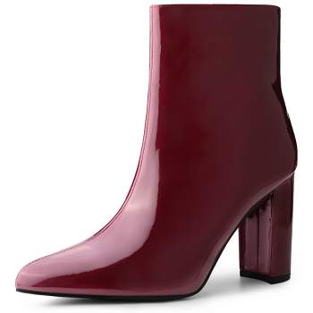 Perphy Women's Patent Leather Pointed Toe Side Zip Chunky Heel Ankle Boots