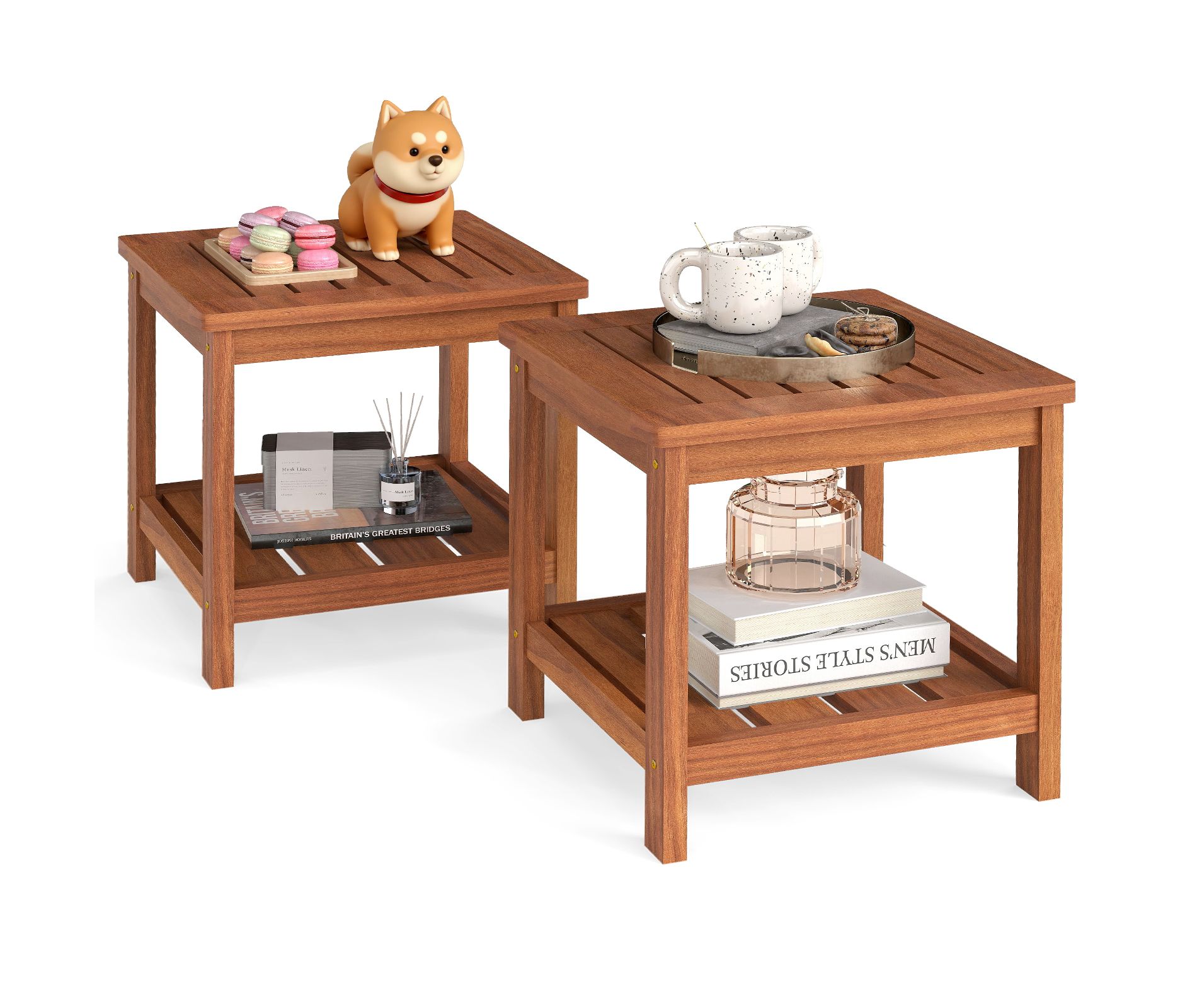 Tangkula 2PCS 2-Tier Adirondack Side Table w/ Slatted Tabletop Storage Shelf for Garden
