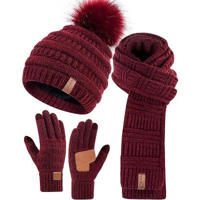 SENPUKI Womens Winter Beanie Scarf Gloves Set, Pom Pom Hat with Warm Fleece Lined Long Knit Scarf Touchscreen Gloves for Cold Weather