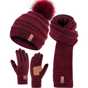 SENPUKI Womens Winter Beanie Scarf Gloves Set, Pom Pom Hat with Warm Fleece Lined Long Knit Scarf Touchscreen Gloves for Cold Weather - 1 of 1
