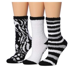 Tipi Toe Women's 3 Pairs Cozy Microfiber Anti-Skid Leopard Stripes Patterned Soft Fuzzy Crew Socks - 1 of 1