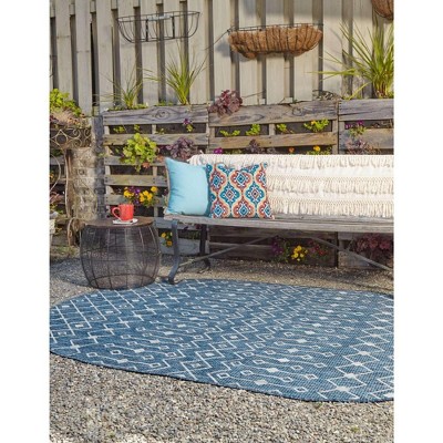 Easy-Care Oval Blue Trellis Synthetic Outdoor Rug