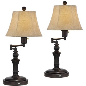 Regency Hill Corey 21 3/4" High Small Farmhouse Rustic Desk Lamps Set of 2 USB Port with Socket Swing Arm Brown Bronze Finish Metal Charging - 1 of 4