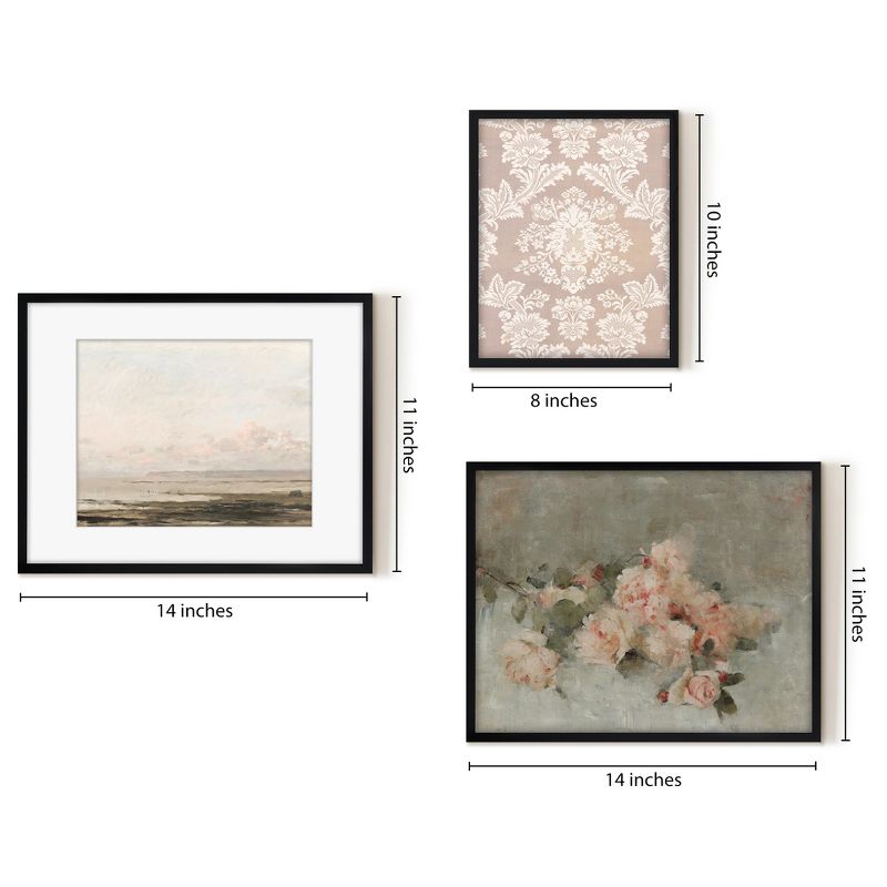 Americanflat 3 Piece Vintage Gallery Wall Art Set - Blush Roses, Hazy Beach, Pink Silk Textile by Maple + Oak, 4 of 6