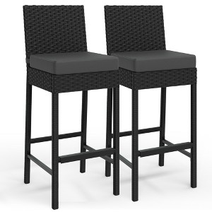 Patio Wicker Barstools With Cushions, Outdoor Wicker Bar Stools Set of 2, Outdoor Rattan Bar Height Stool Set Armless for Backyard, Poolside - 1 of 4