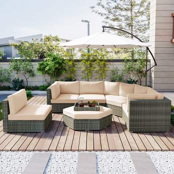 6 PCS Outdoor Patio Rattan Conversation Sofa Set with Ottoman and Small Trays 4M -ModernLuxe