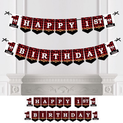 Big Dot of Happiness 1st Birthday Lumberjack - Channel The Flannel - Buffalo Plaid First Birthday Party Bunting Banner Decoration - Happy 1st Birthday