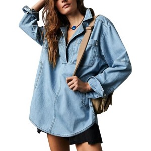 Imily Bela Casual V Neck Denim Shirt Jacket Long Sleeve Womens Wardrobe Essential - 1 of 4