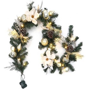 6 ft Pre-Lit Christmas Garland with Lights, White & Gold, Battery Operated Waterproof for Mantel, Stairs, Table, Indoor/Outdoor Holiday Decor - 1 of 4