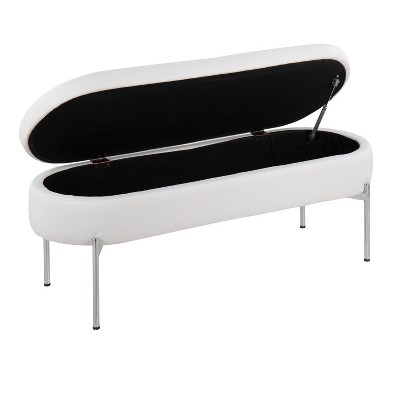 48" White Faux Leather Storage Bench with Chrome Legs