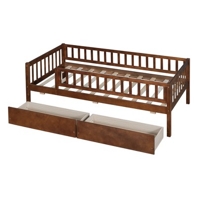 NicBex Twin Size Daybed, Wooden Day Bed with 2 Drawers, Sofa Bed Frame with Fence Guardrails