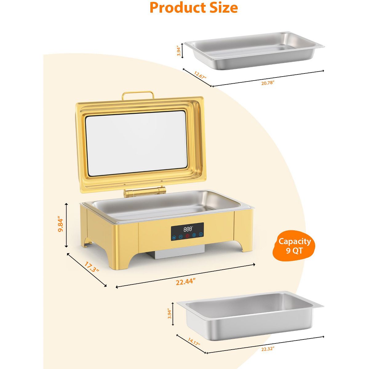 9QT Full-Size Electric Chafing Dish Set. Professional roll-top food warmer with precise touch screen thermostat and glass lid for catering - thumbnail 2