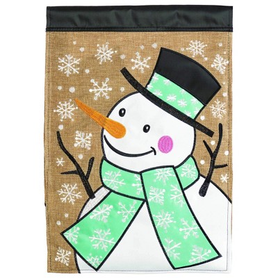 Snowman Wearing Hat Mint Green and White 13 X 19 Burlap Outdoor Hanging Garden Flag