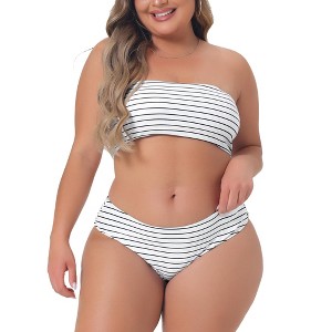 Agnes Orinda Women's Plus Size Two Pieces Bandeau Stripe Off Shoulder High Waist Bikini Sets - 1 of 4