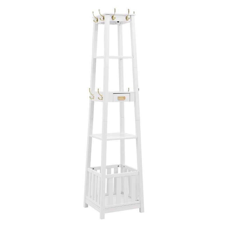 Peggy Transitional 10 Hooks 3 Shelves and a Drawer Pyramid Hall Tree Umbrella Storage White - Linon, 1 of 8
